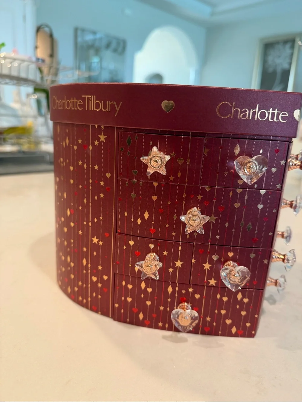 Charlotte Tilbury Festive Burgundy and Gold Makeup Jewelry Chest with products!!